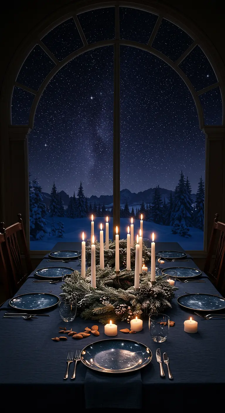 Table de Noël sur le thème des étoiles avec nappe bleu nuit et couronne de l'Avent.