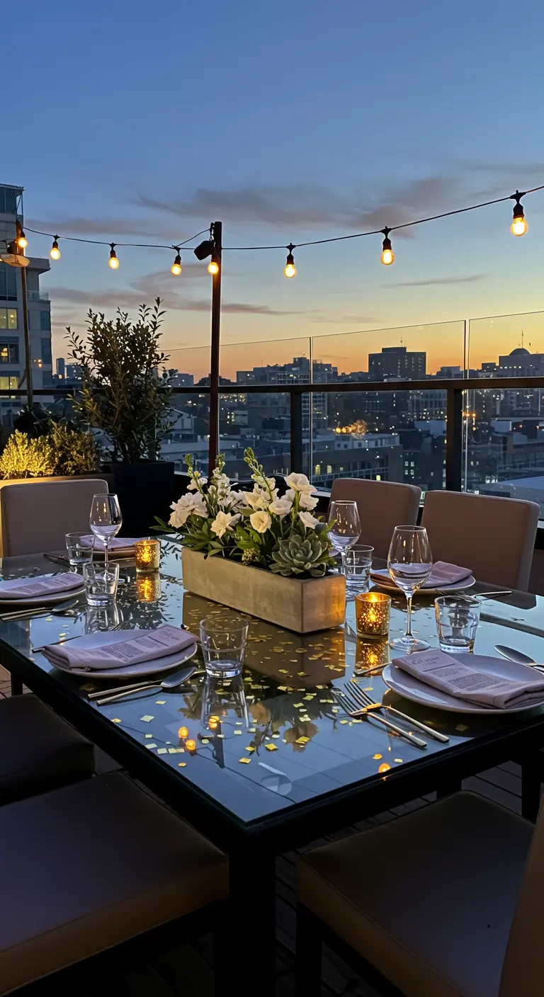 Dîner sur un rooftop au crépuscule avec guirlandes lumineuses et vue sur la ville.