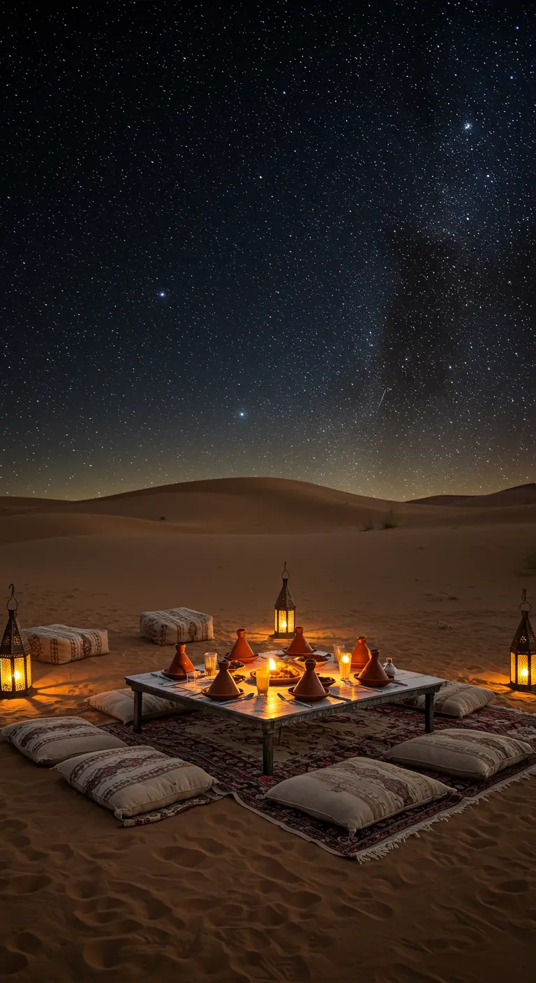 Dîner romantique dans le désert sous un ciel étoilé, avec table basse, coussins et lanternes.