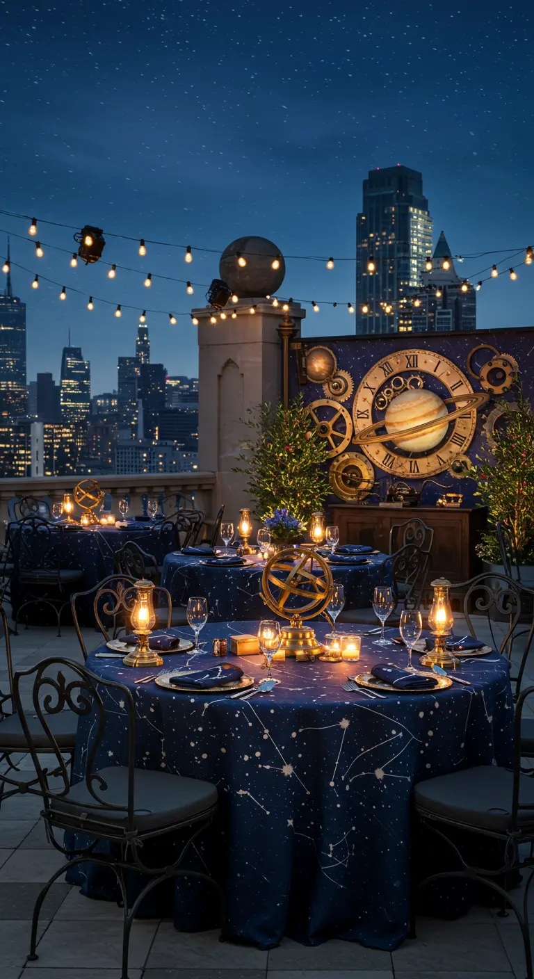 Rooftop Steampunk urbain avec vue sur la ville, horloge murale géante, engrenages, et tables décorées sur le thème spatial.