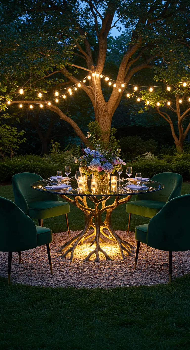 Table de jardin illuminée la nuit sous un arbre avec des guirlandes.