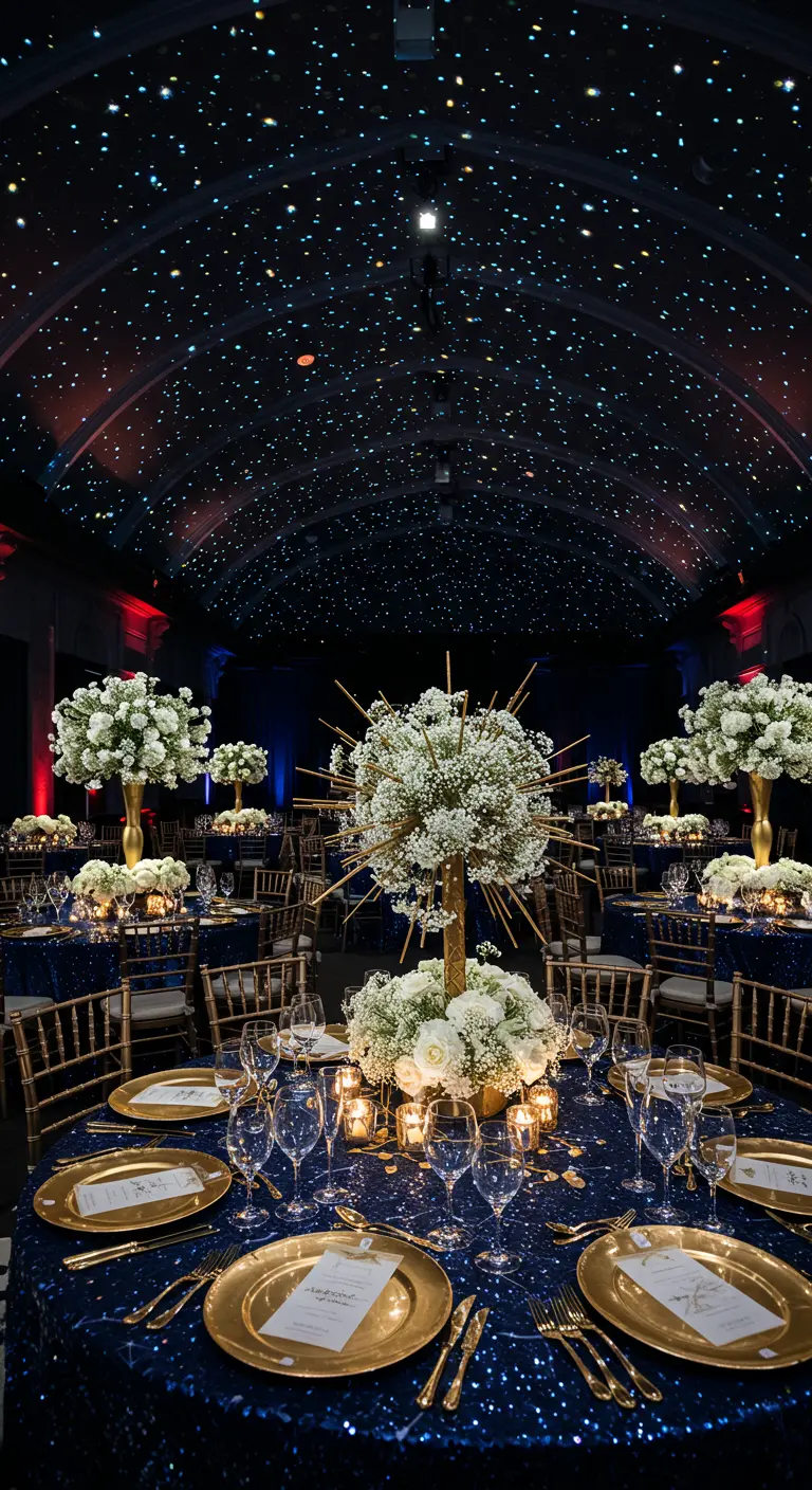 Salle de banquet avec un plafond projetant un ciel étoilé et des tables à nappes bleu nuit.