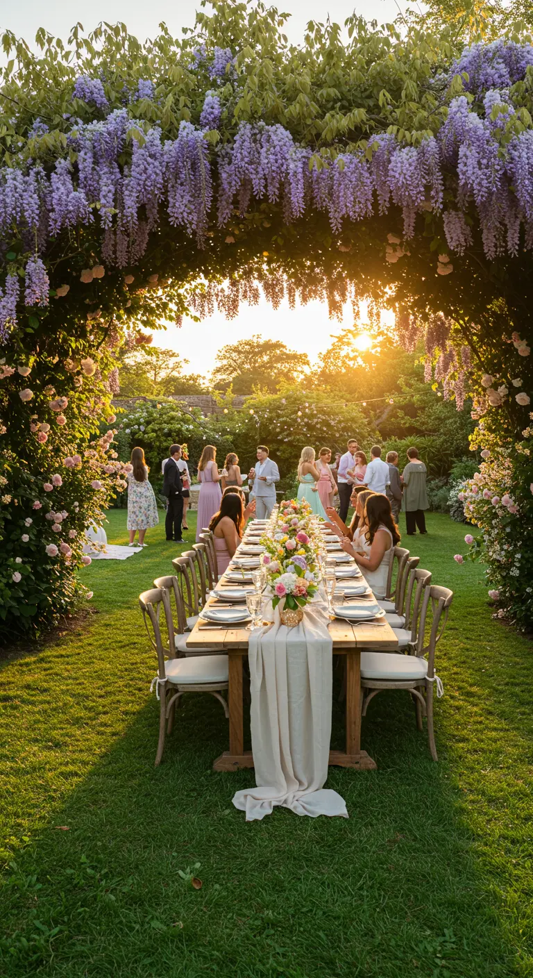 Table de fête dressée dans un jardin sous une arche de glycine au coucher du soleil.
