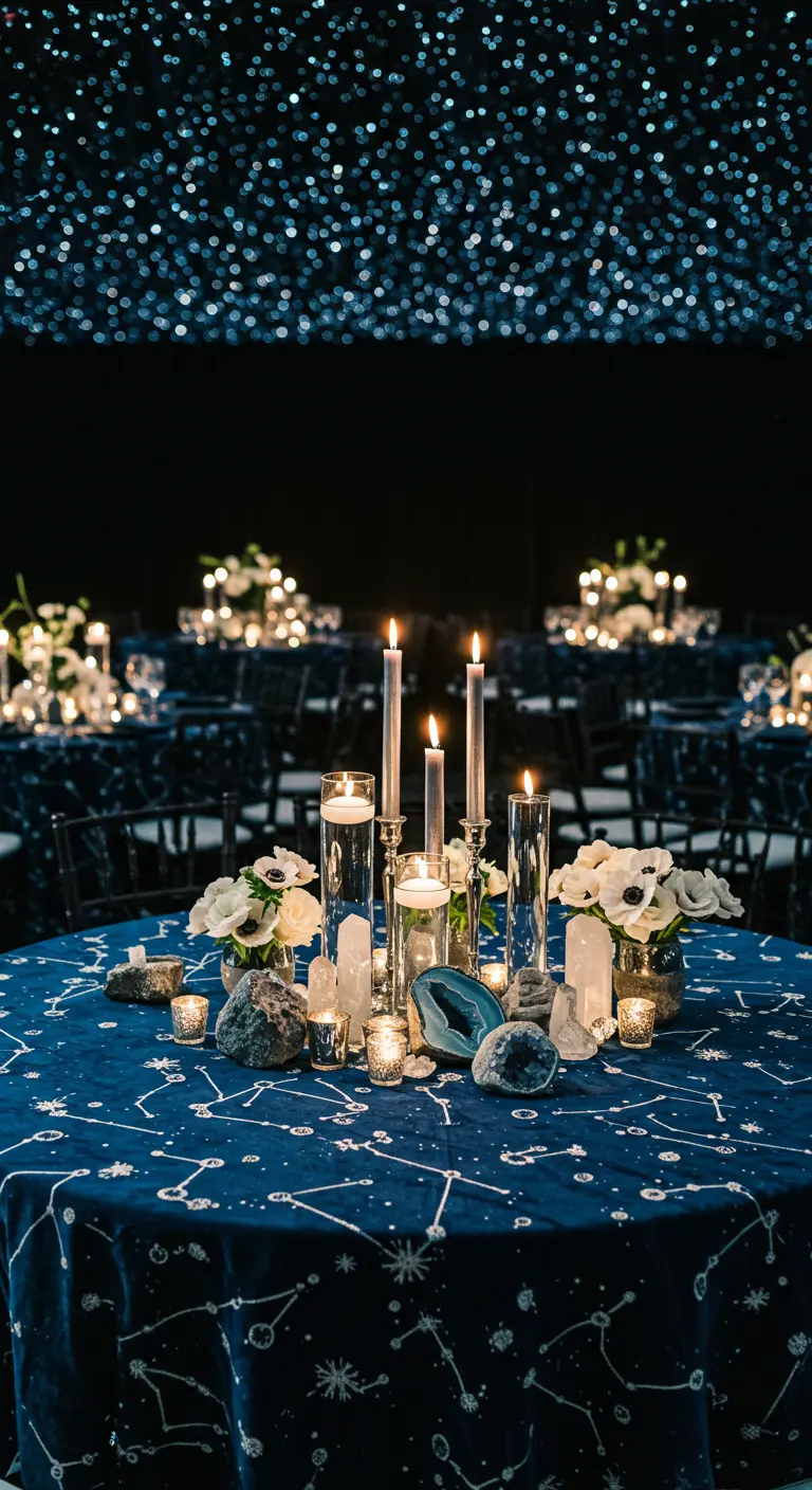 Table de réception avec nappe à constellations, cristaux, géodes et fleurs blanches.