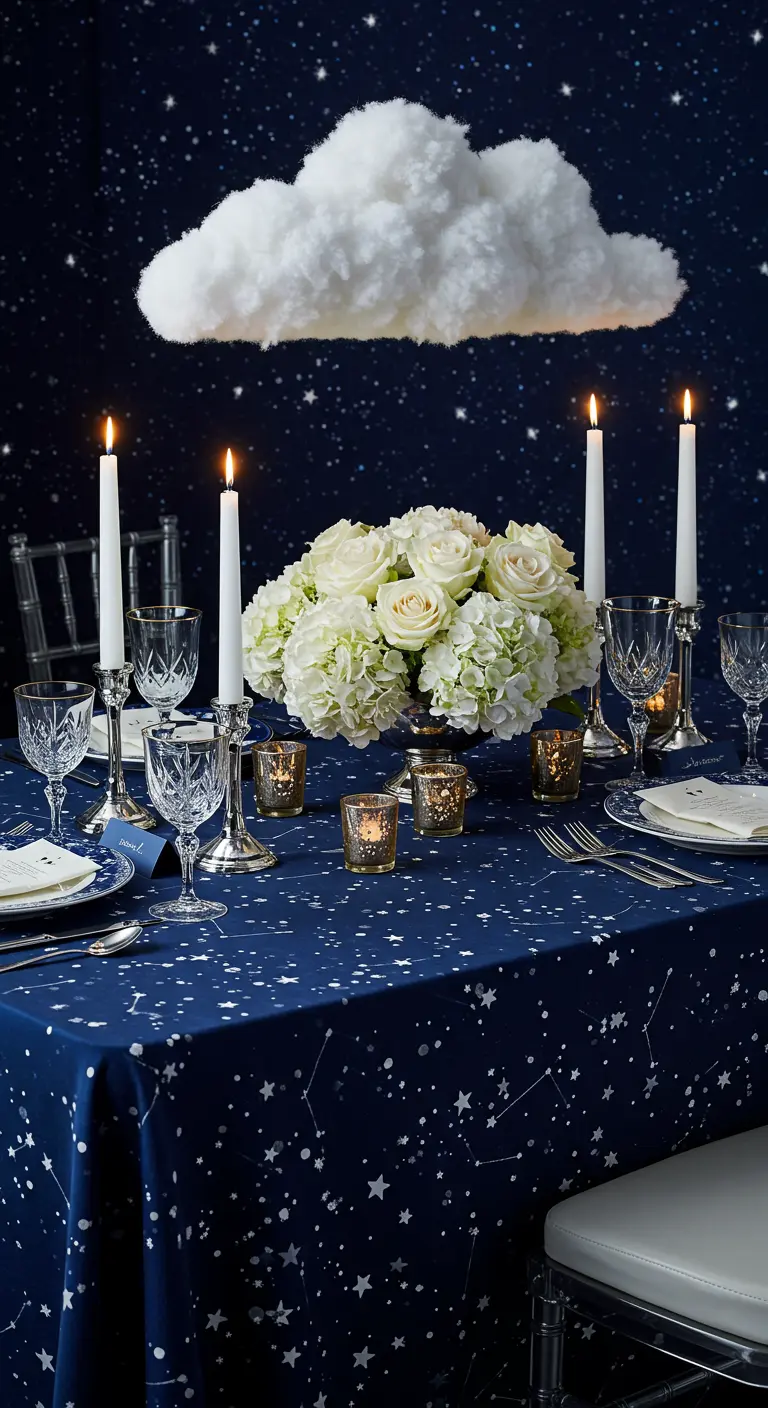 Table de dîner sur une nappe étoilée, avec un nuage décoratif suspendu au-dessus.