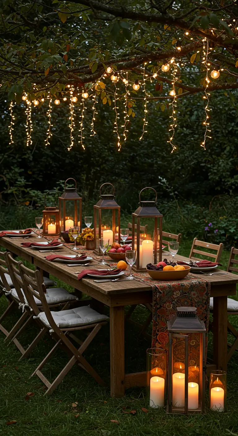 Grande table de dîner en extérieur sous des guirlandes lumineuses en cascade, entourée de lanternes.