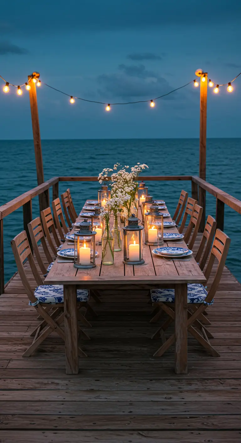 Longue table en bois sur un ponton éclairé par des guirlandes et lanternes, avec une vaisselle bleue.
