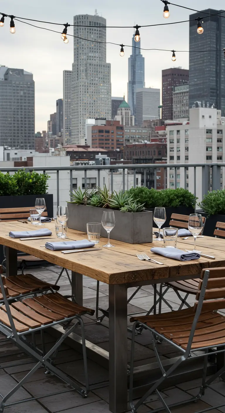 Table en bois et métal sur un rooftop, avec vue sur la ville.