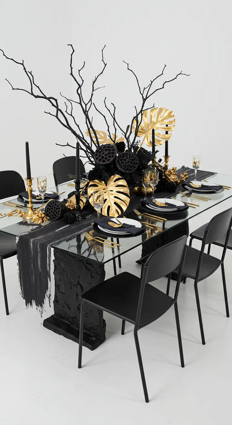 Table de dîner moderne et artistique avec des branches noires et des feuilles dorées.