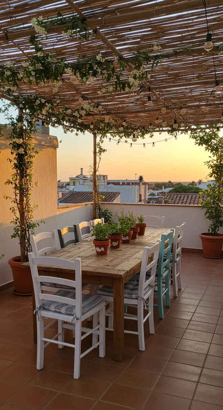 Terrasse sur le toit avec table en bois, pergola en bambou et guirlandes lumineuses au coucher du soleil.