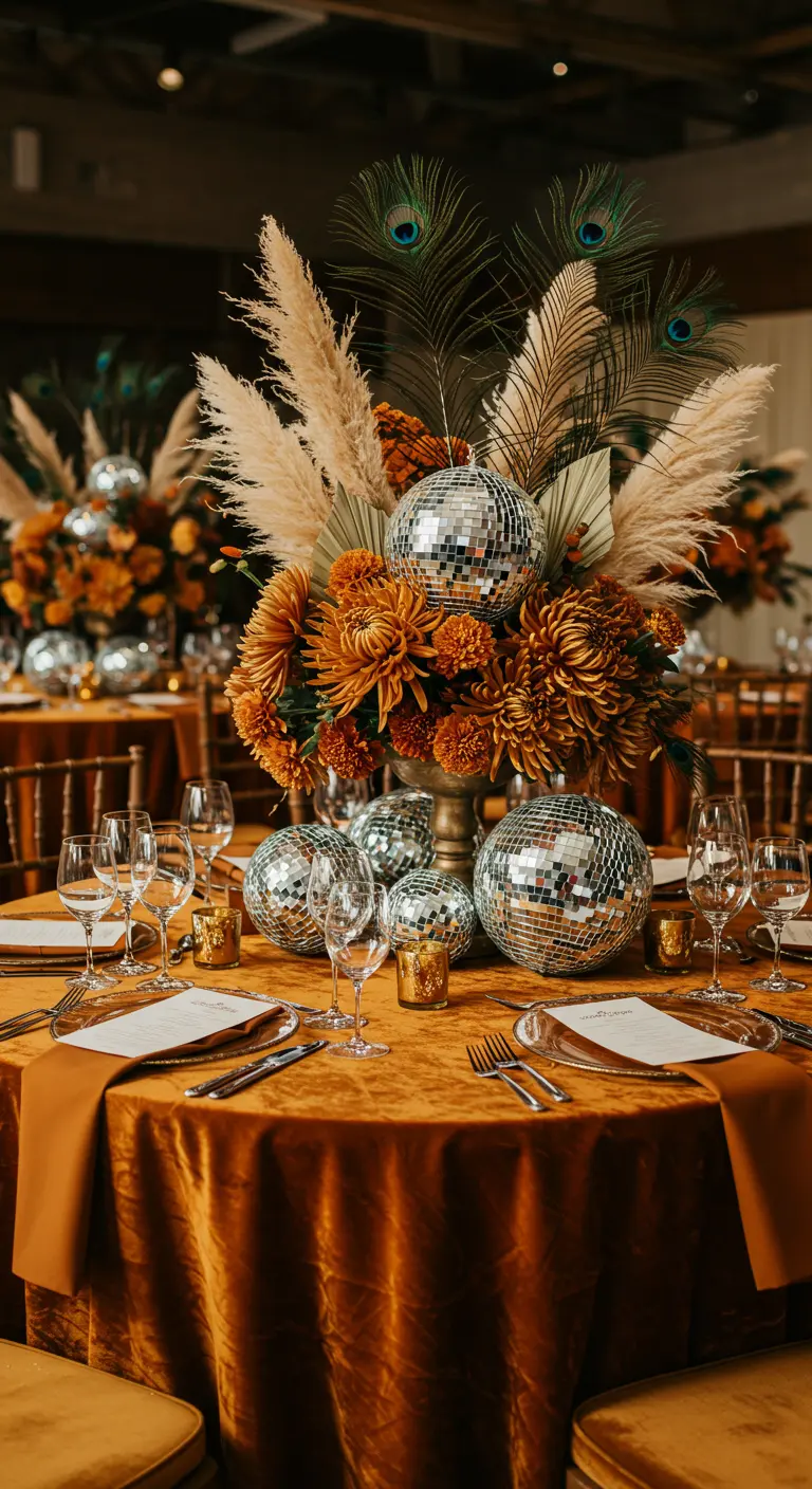 Centre de table avec des fleurs orange, des plumes de paon et des boules à facettes.