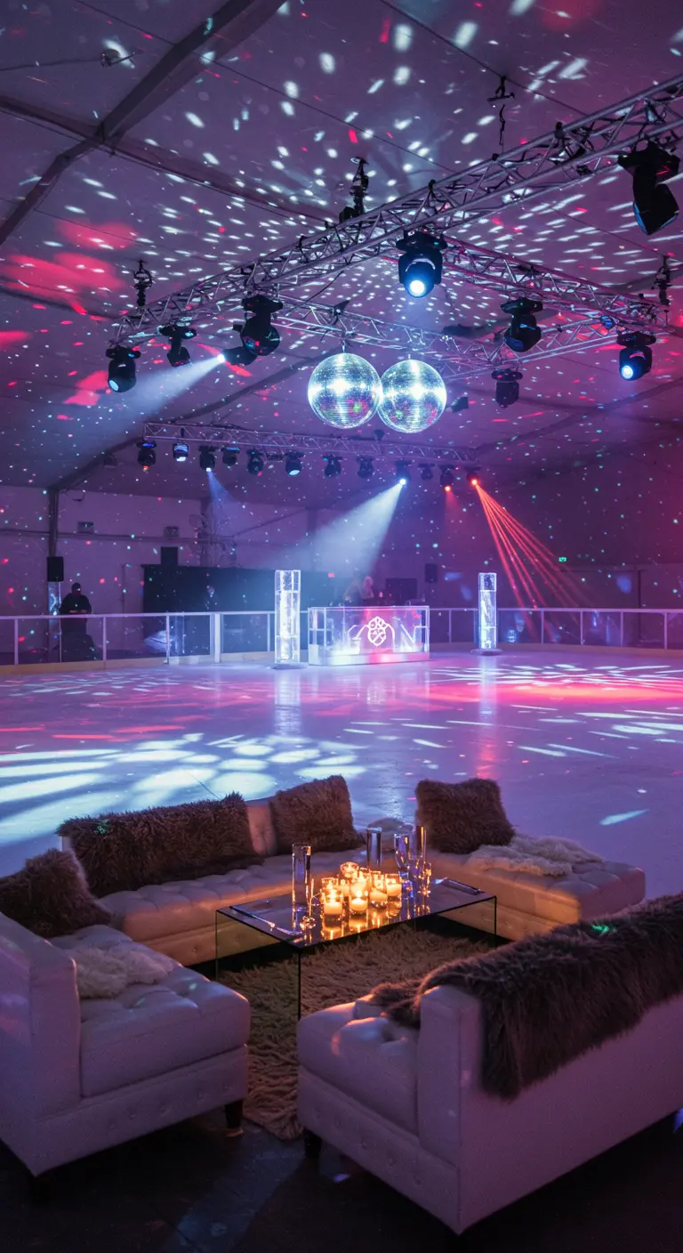 Une patinoire transformée en discothèque avec un coin salon confortable.