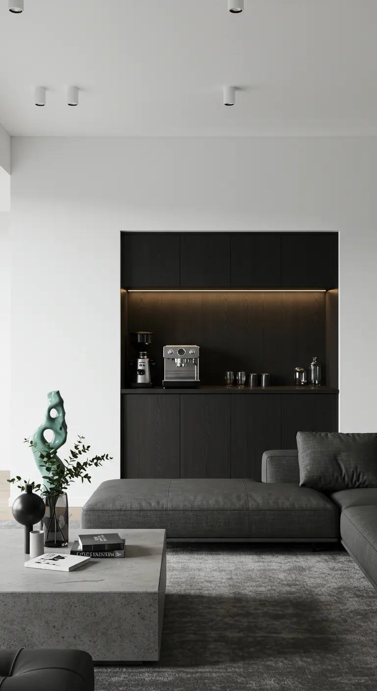 Niche murale intégrée noire pour coin café minimaliste avec éclairage LED.