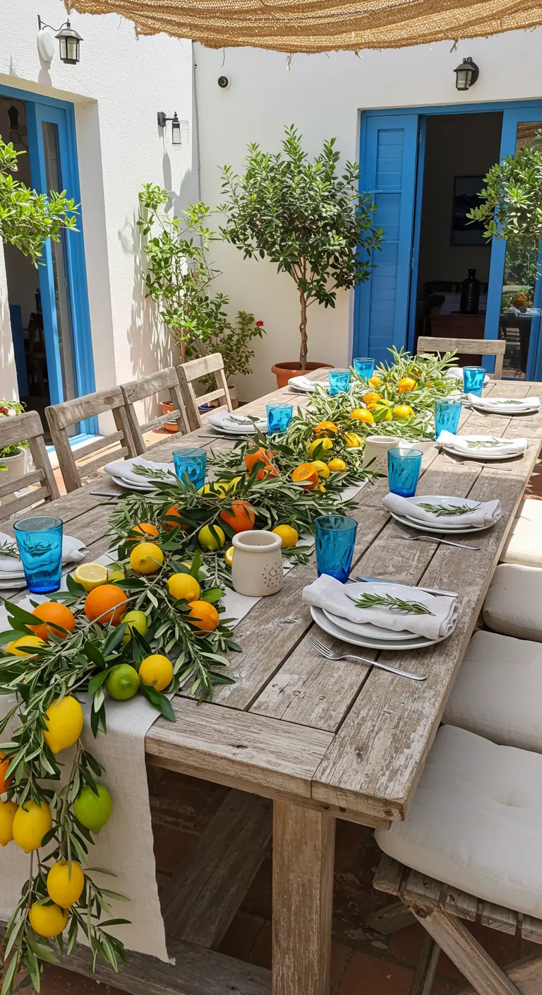 Longue table de jardin en bois avec un chemin de table garni de citrons, d'oranges et de branches d'olivier.