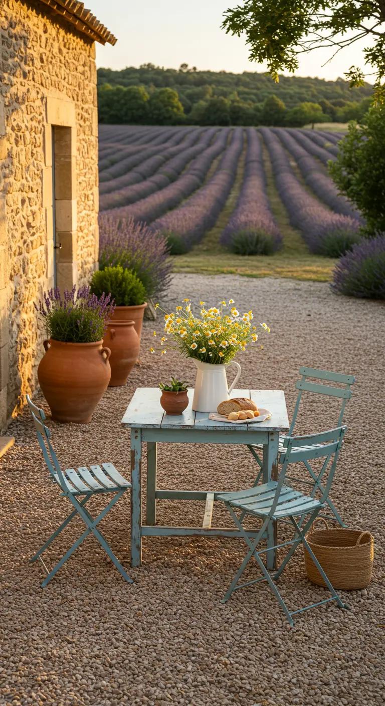 Bistro set en bois pastel devant des champs de lavande, avec pots de lavande et bouquet de fleurs sauvages.