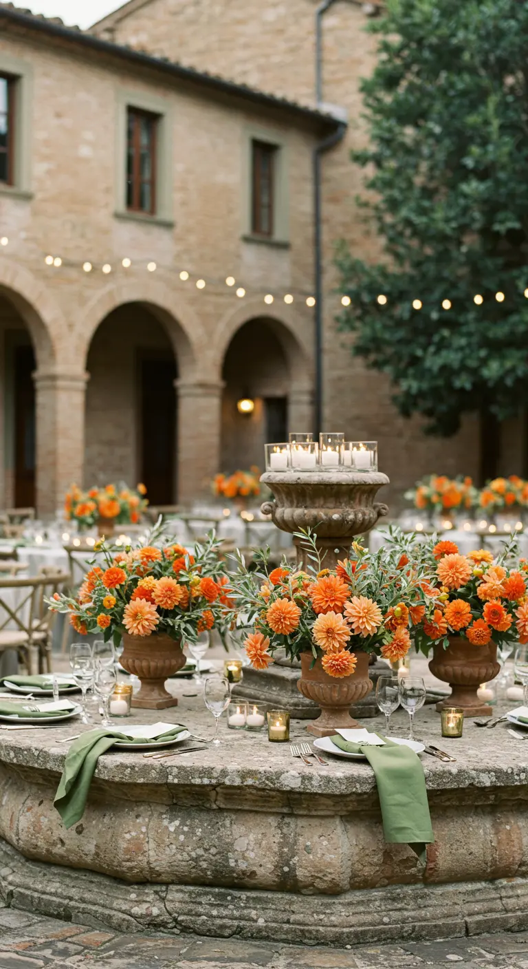 Cour italienne avec des dahlias orange dans des urnes en terre cuite sur une fontaine.