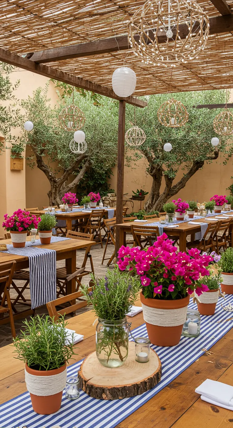 Cour méditerranéenne décorée pour un mariage, tables avec herbes aromatiques en bocaux et bougainvilliers.