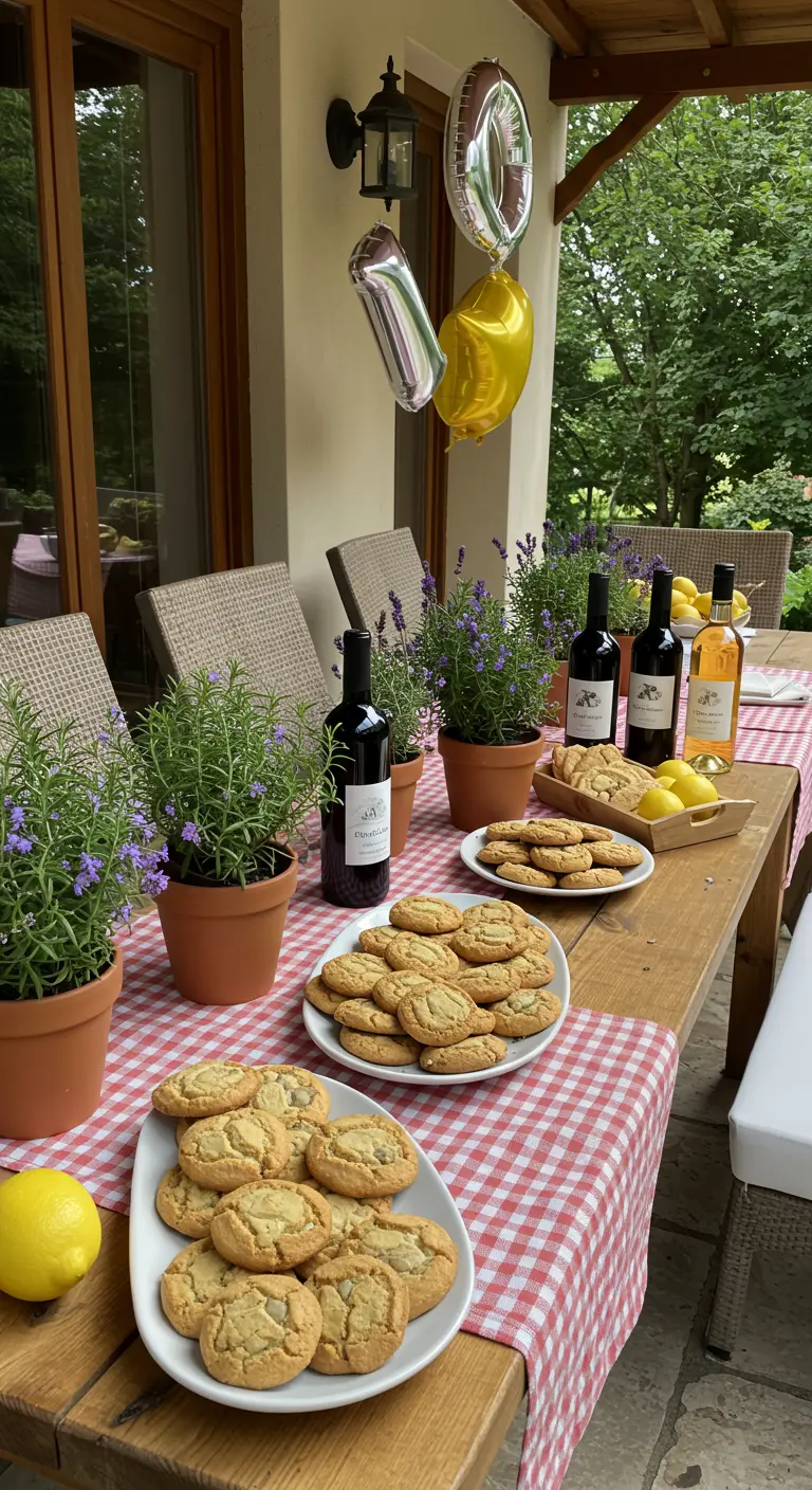 Table de fête style campagne italienne avec pots d'herbes, nappe vichy et citrons.