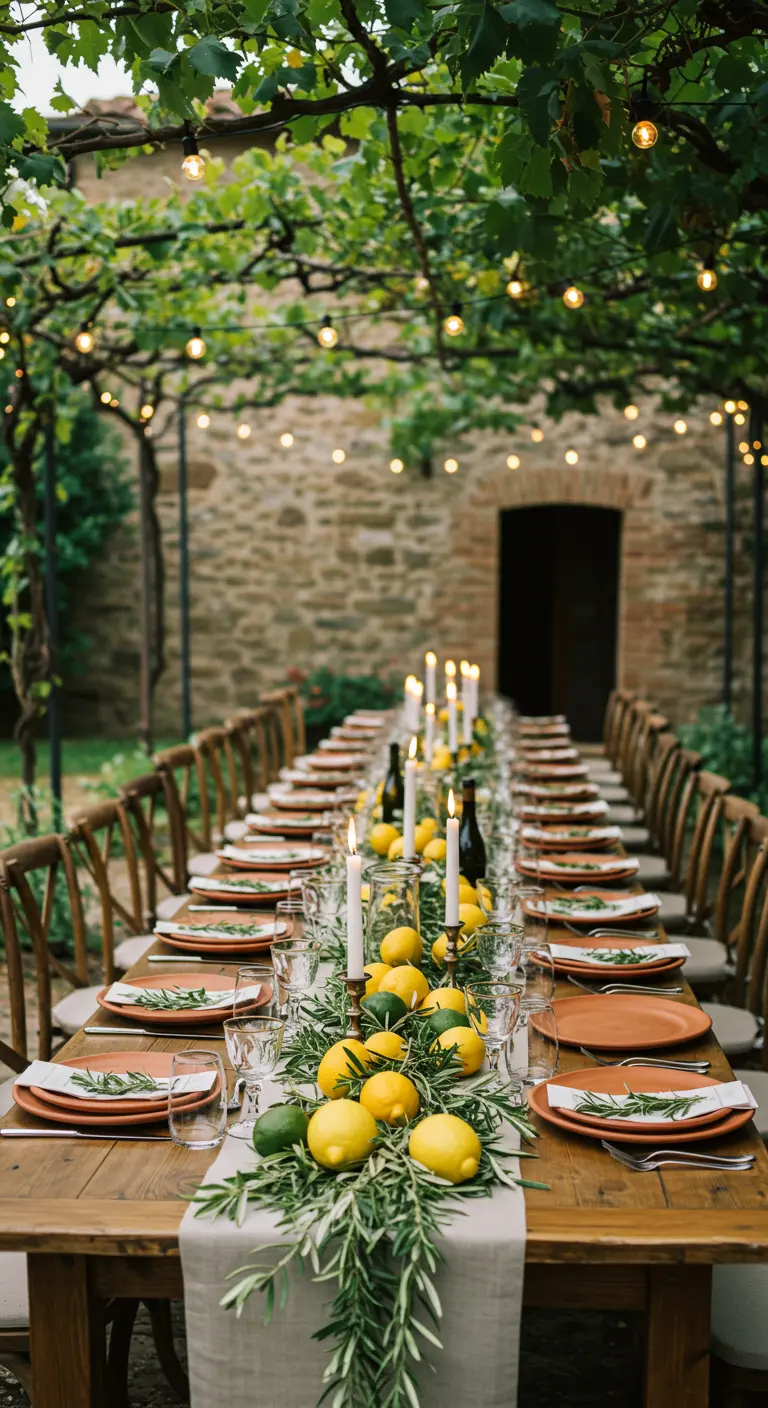 Longue table de mariage sous une pergola avec un chemin de table de citrons et de feuillage.