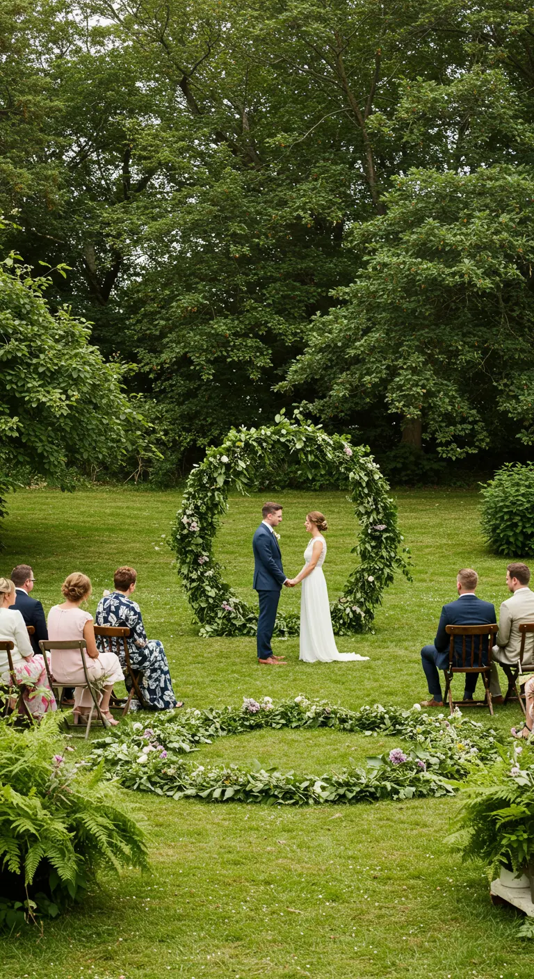 Couple de mariés se tenant devant une arche florale circulaire avec un cercle de fleurs au sol.