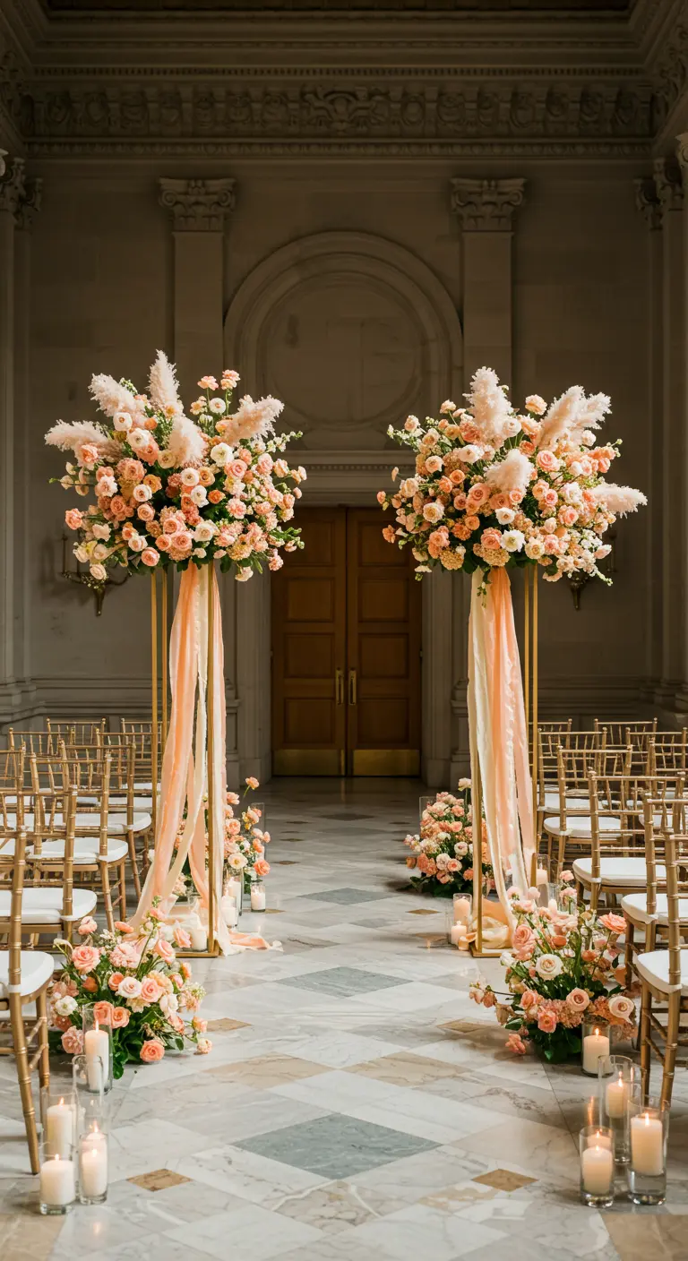Deux grands arrangements floraux sur des supports dorés dans une salle de bal.