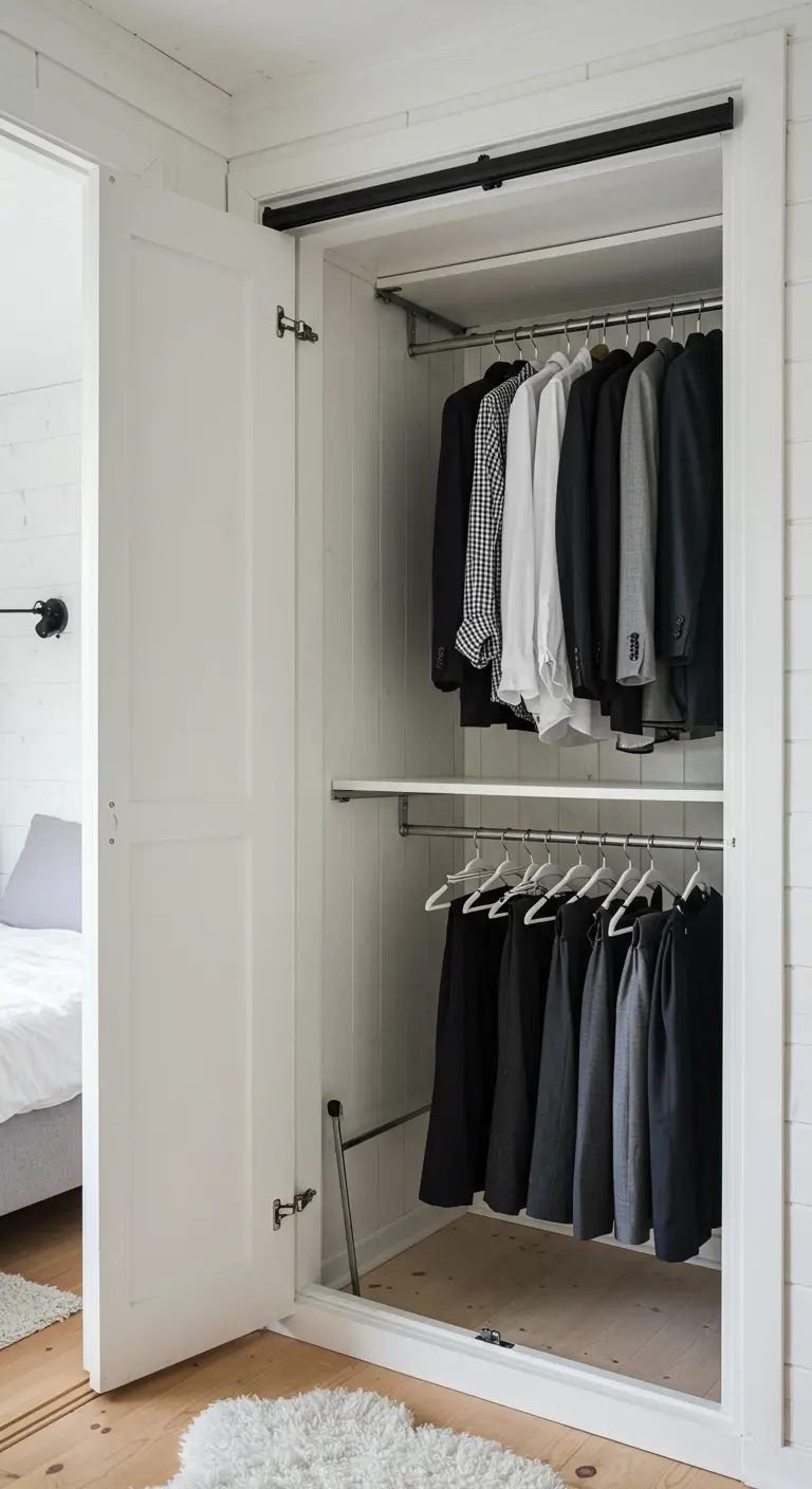 Armoire blanche avec deux tringles superposées pour optimiser l'espace de penderie.
