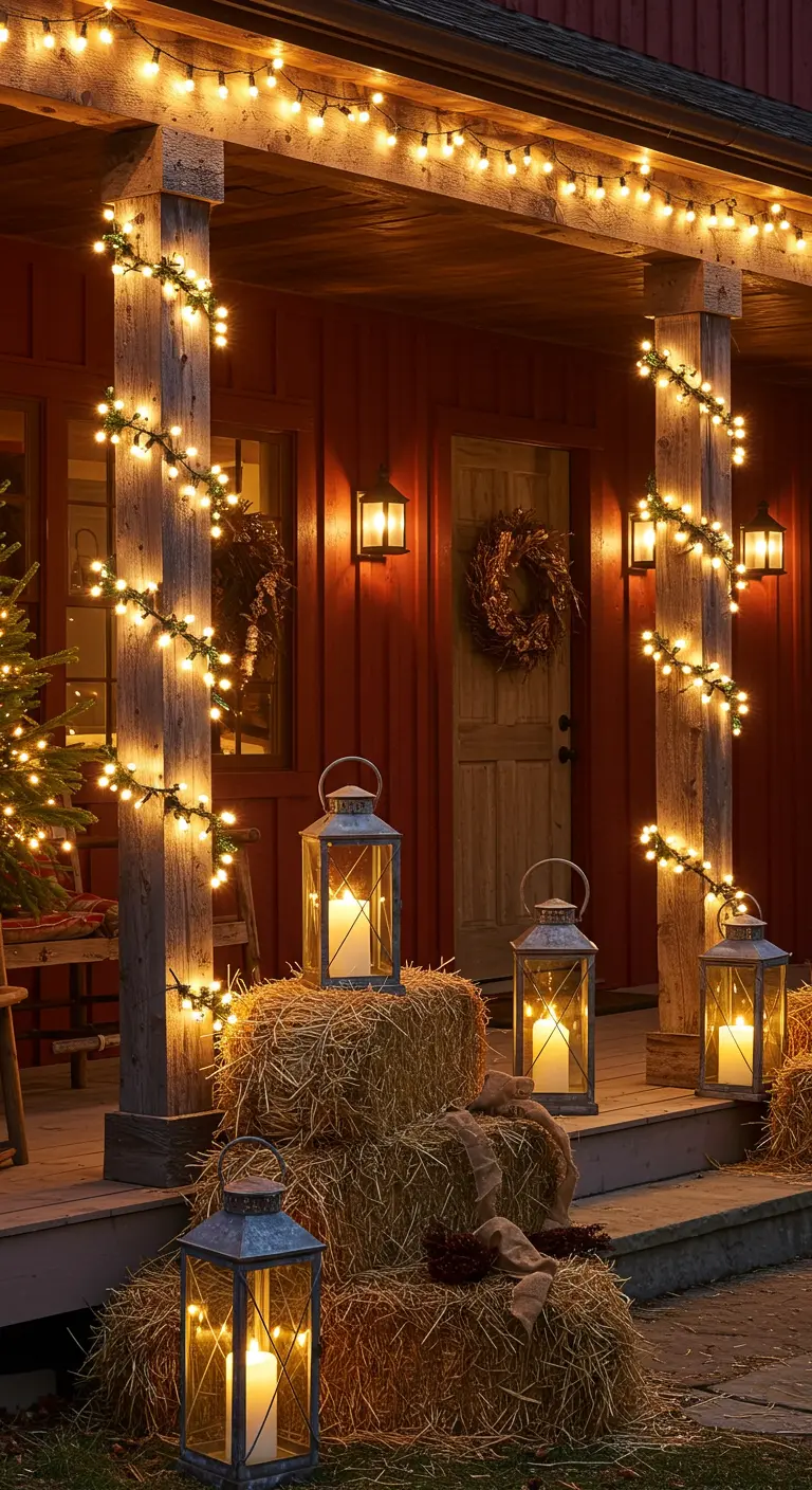 Porche de ferme décoré de bottes de foin, lanternes et guirlandes lumineuses sur les piliers.
