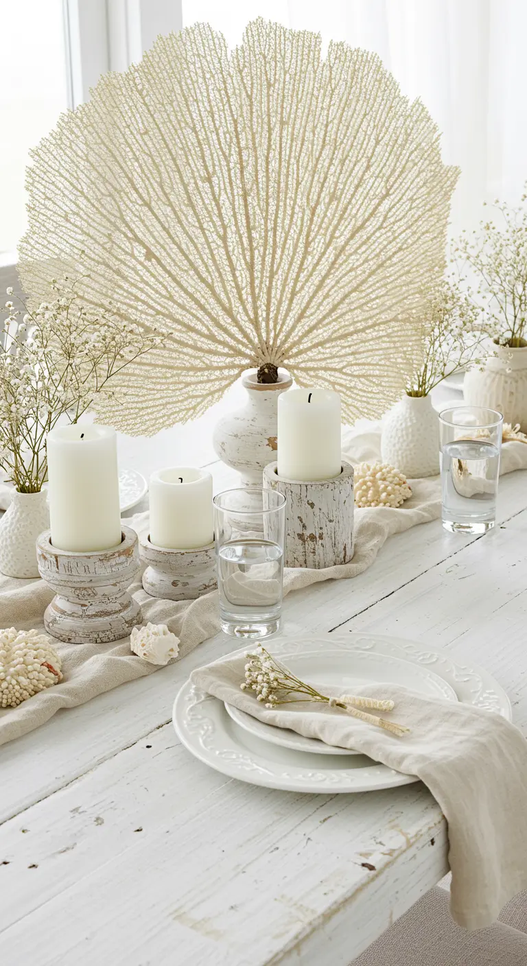 Table blanche patinée, chemin de table lin, grand corail blanc, bougies sur supports en bois blanchi.