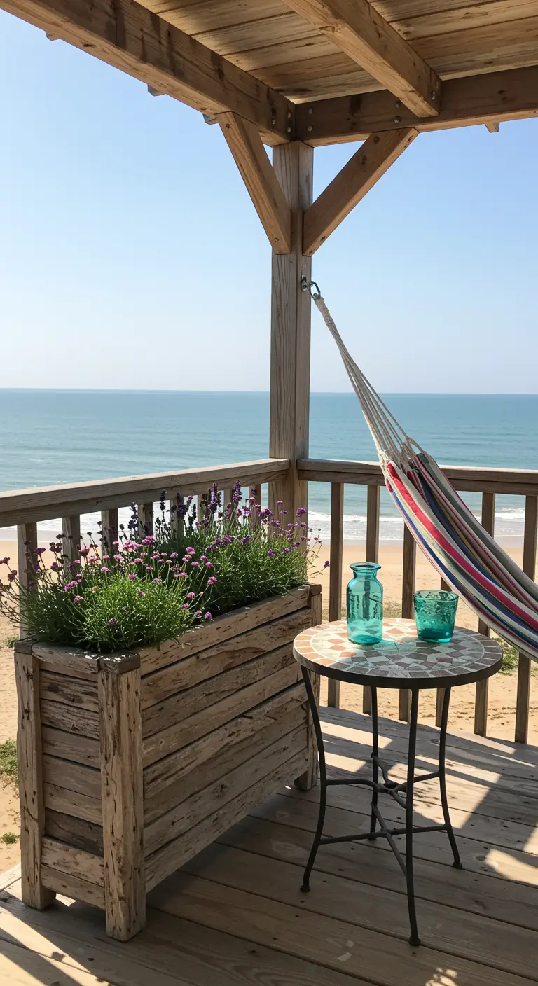 Balcon en bois face à la mer avec grand bac à lavande, hamac et table en mosaïque
