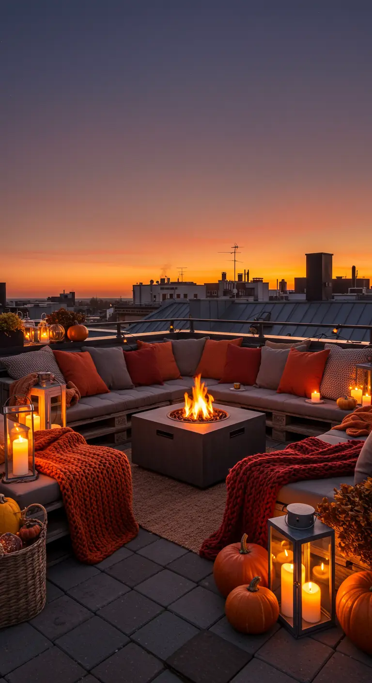 Terrasse sur le toit avec brasero, canapé en palettes, coussins orange et citrouilles au crépuscule.