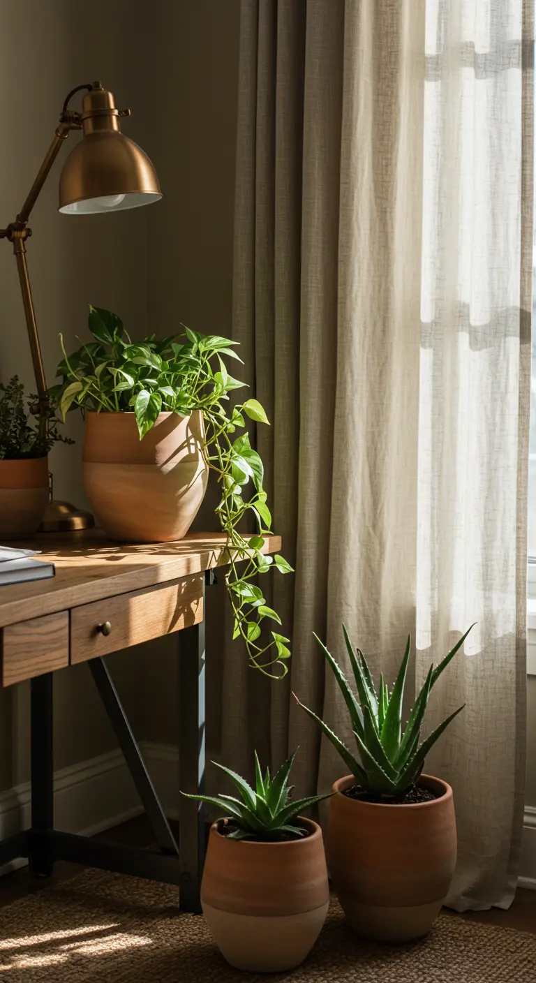 Pothos en terre cuite sur un bureau en bois, deux petits Aloès dans des pots bicolores au sol.