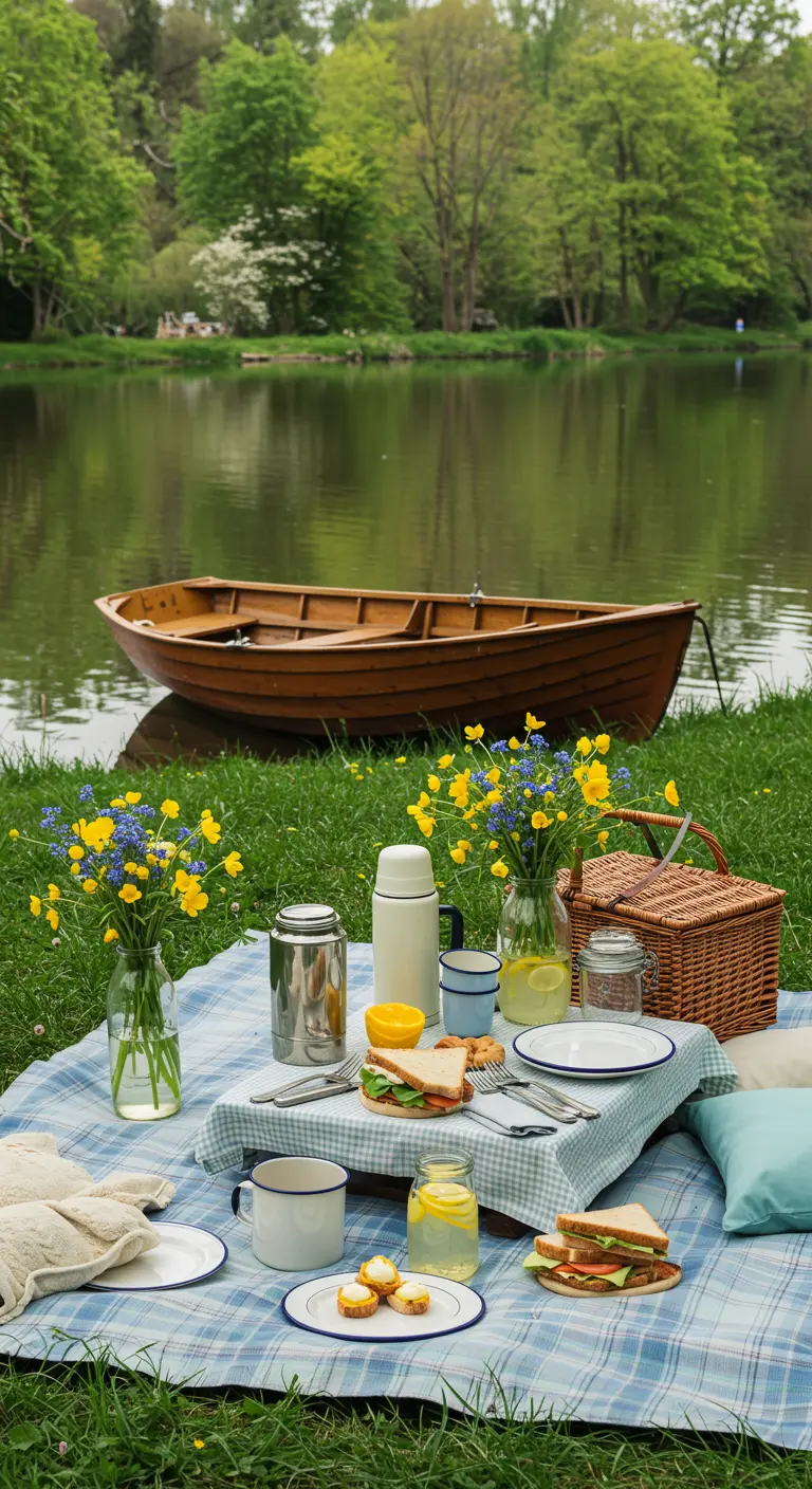 Pique-nique au bord d'un lac avec nappe vichy bleue, fleurs jaunes et bleues, vaisselle émaillée et thermos.