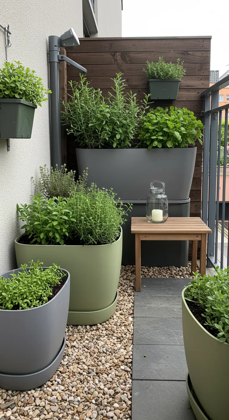 Balcon aménagé avec des pots gris et verts d'herbes, un banc en bois et des graviers au sol.