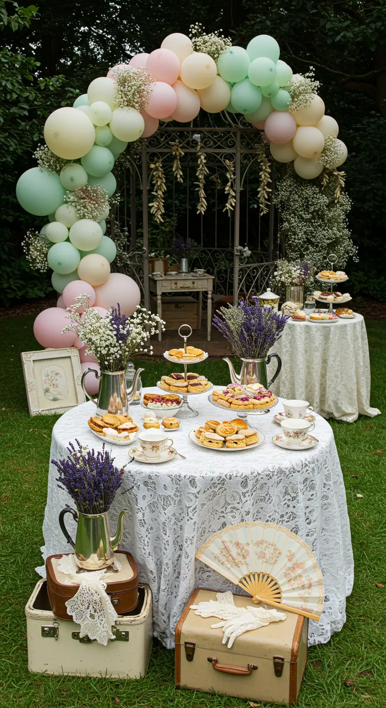 Thé d'anniversaire champêtre avec arche de ballons pastel, nappe en dentelle et vaisselle vintage.