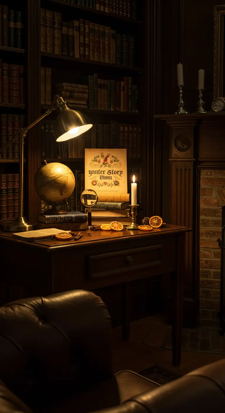 Bureau vintage décoré pour Noël avec livres, bougie, globe terrestre et oranges séchées.