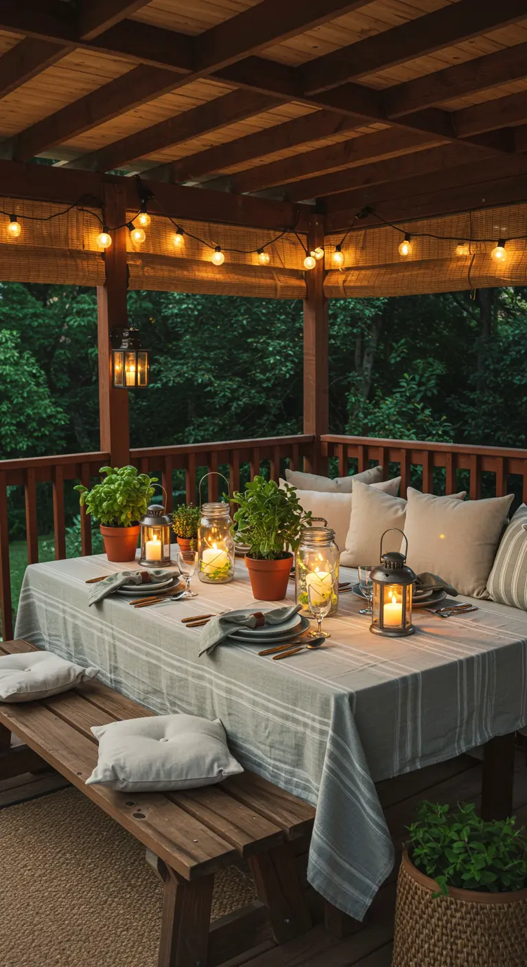 Table d'extérieur décorée de lanternes lumineuses, de bougies et de plantes aromatiques.