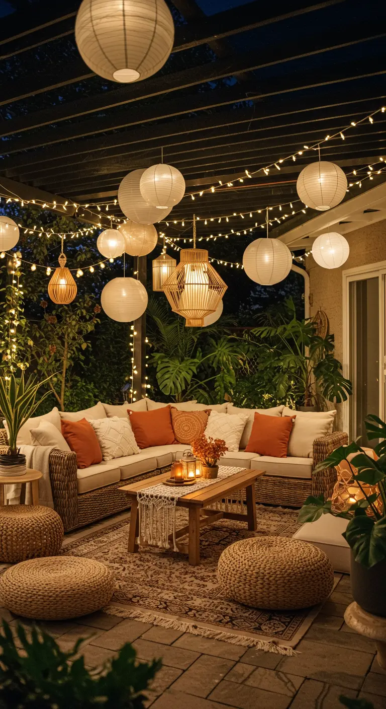 Pergola illuminée par des lampions blancs et guirlandes, avec salon d'extérieur beige et orange.