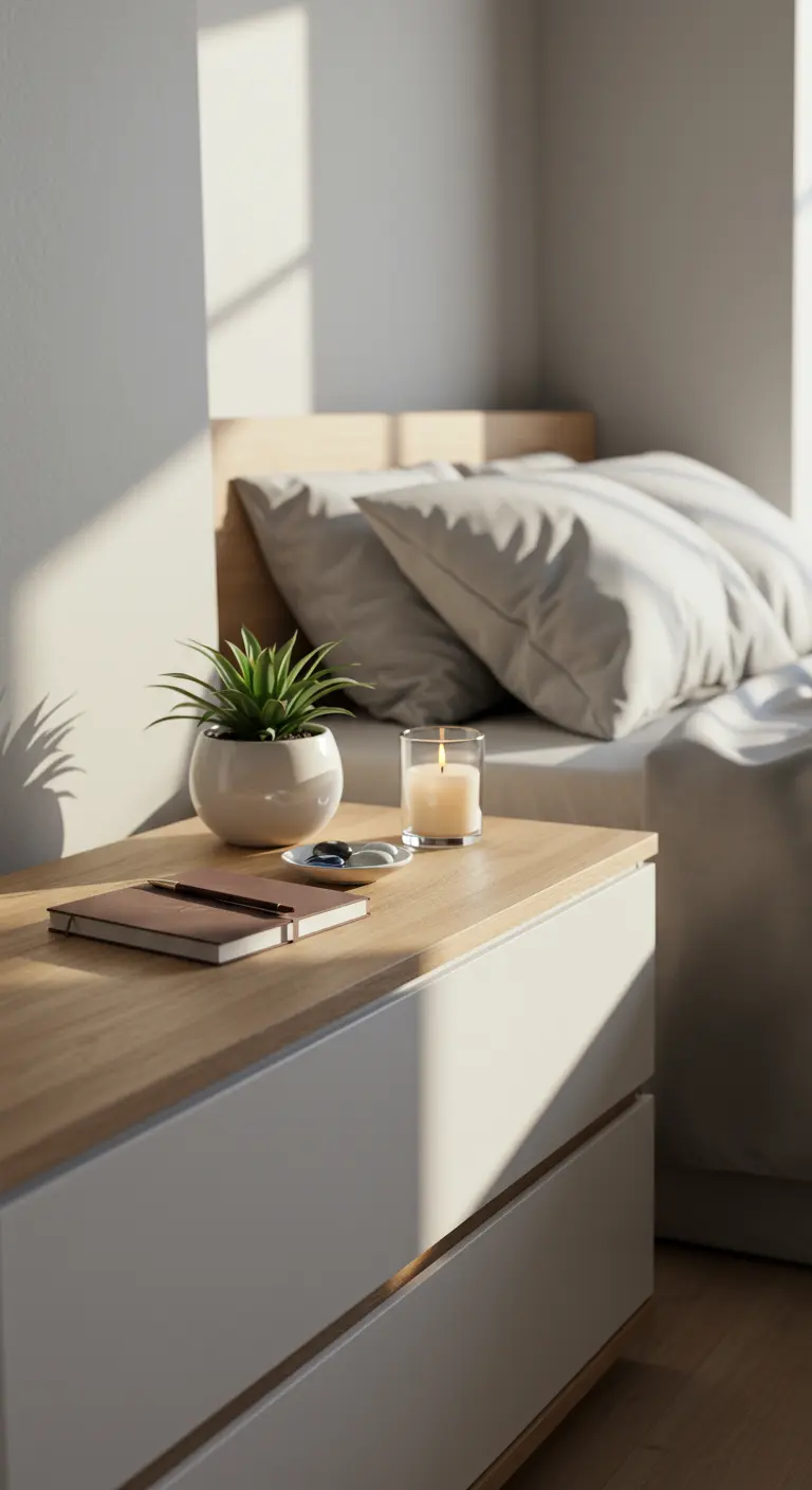 Table de chevet minimaliste avec plante, bougie, carnet et stylo, ambiance apaisante.