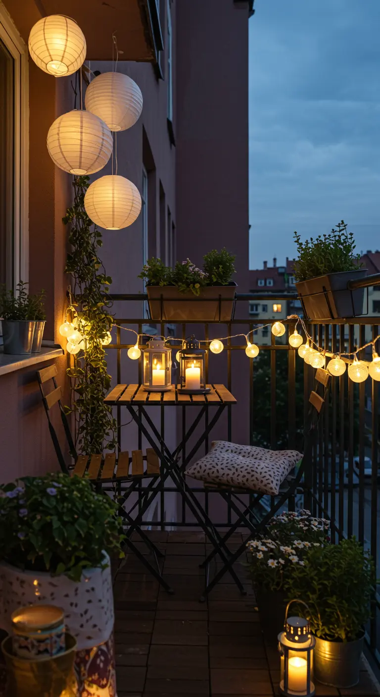 Petit balcon décoré de lanternes en papier, guirlandes lumineuses, bougies dans des photophores, et plantes.