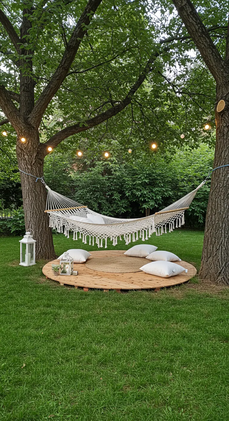 Hamac macramé entre deux arbres, plateforme en bois avec coussins blancs, guirlande lumineuse.
