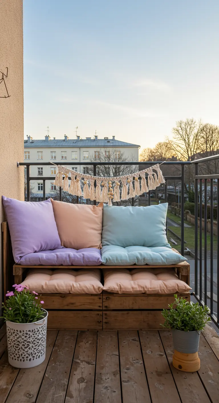 Canapé DIY en palettes avec coussins pastel et guirlande en macramé sur un balcon.
