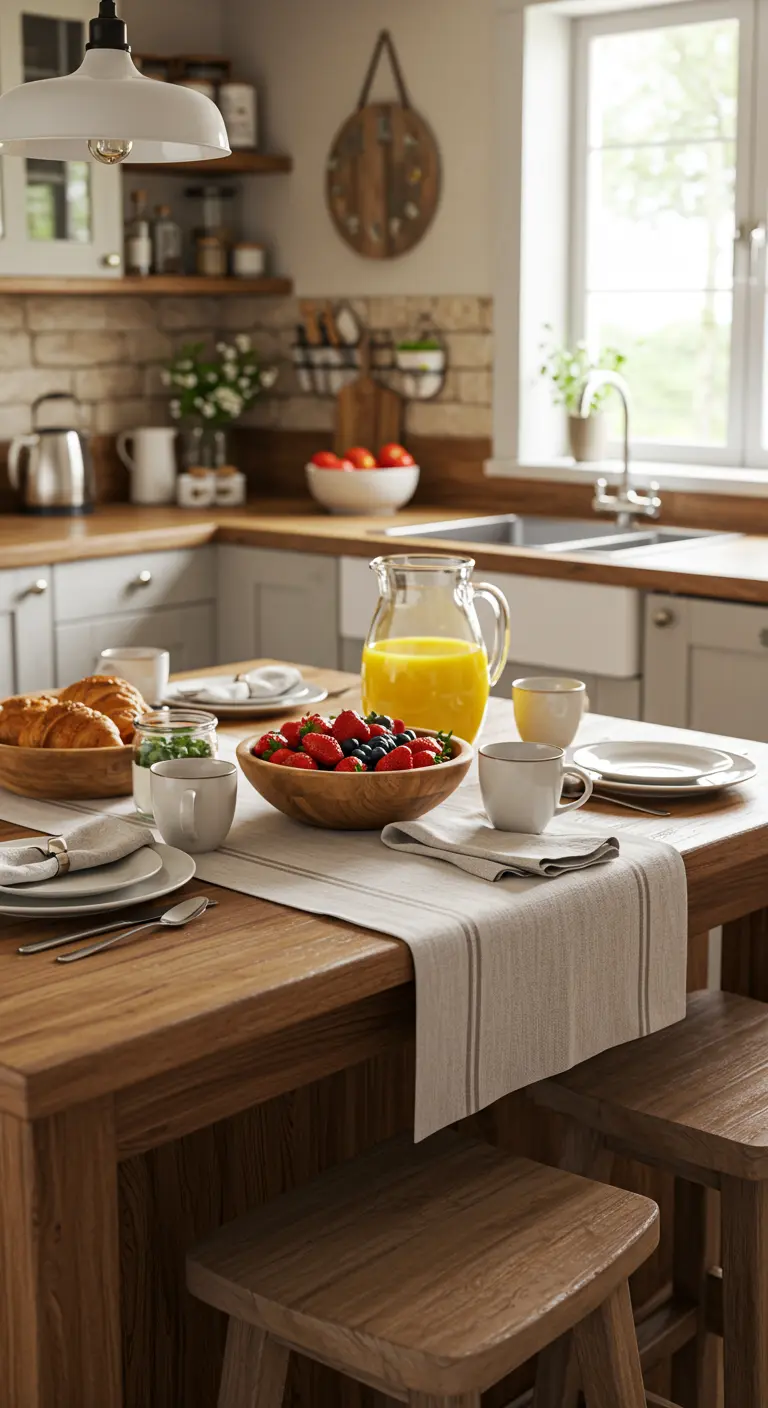 Cuisine lumineuse avec îlot en bois, chemin de table rayé et bol de fruits rouges.