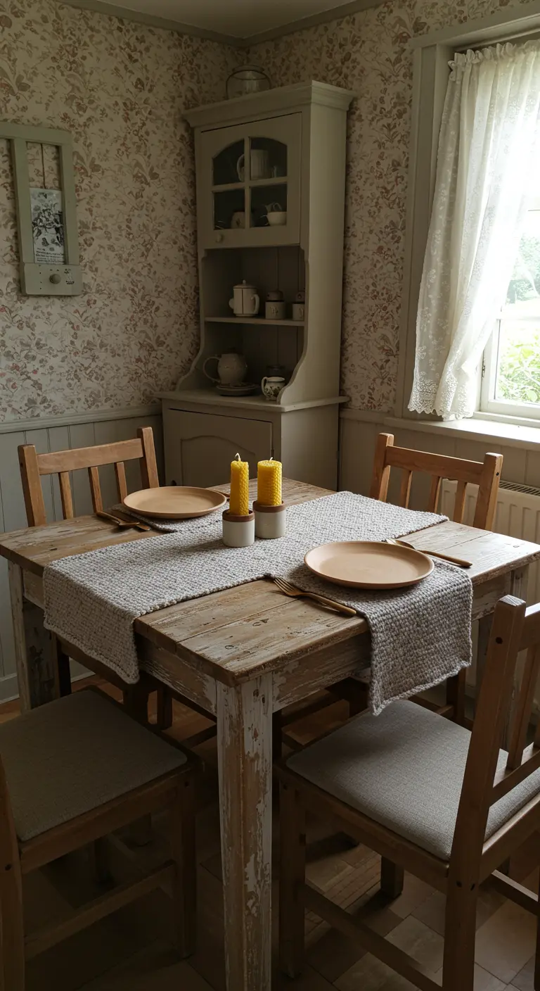 Chemin de table tissé clair, bougies en cire d'abeille dans bougeoirs simples sur table en bois