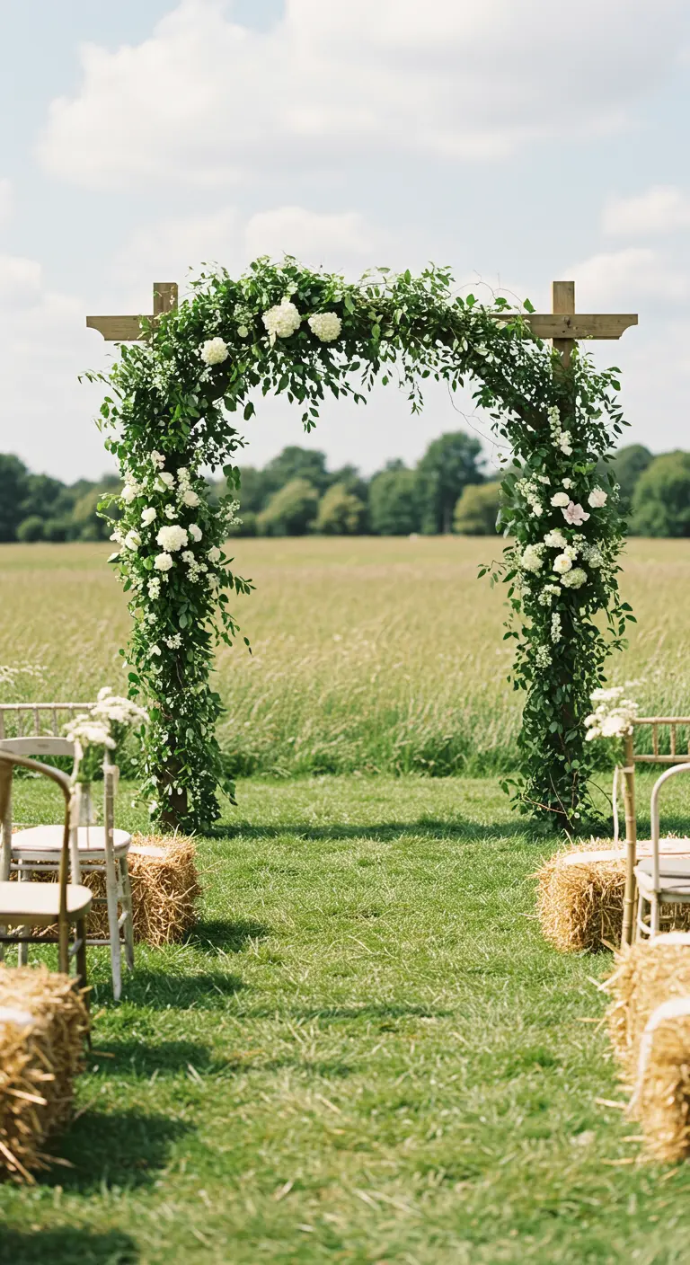 Arche en bois avec feuillage vert et fleurs blanches, entourée de bottes de foin dans un champ verdoyant.