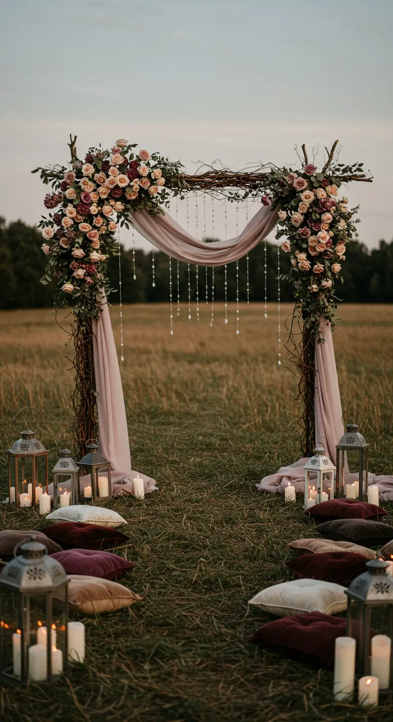Arche rustique en branches avec roses rouges/blush, drapé rose pâle, cristaux, lanternes et coussins velours.