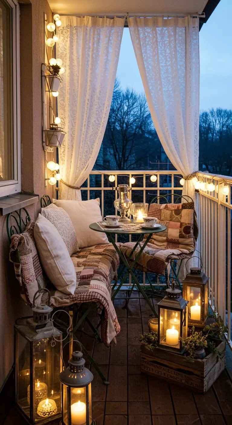 Balcon shabby chic avec plaid patchwork, voilages, mobilier en fer et lanternes anciennes. 