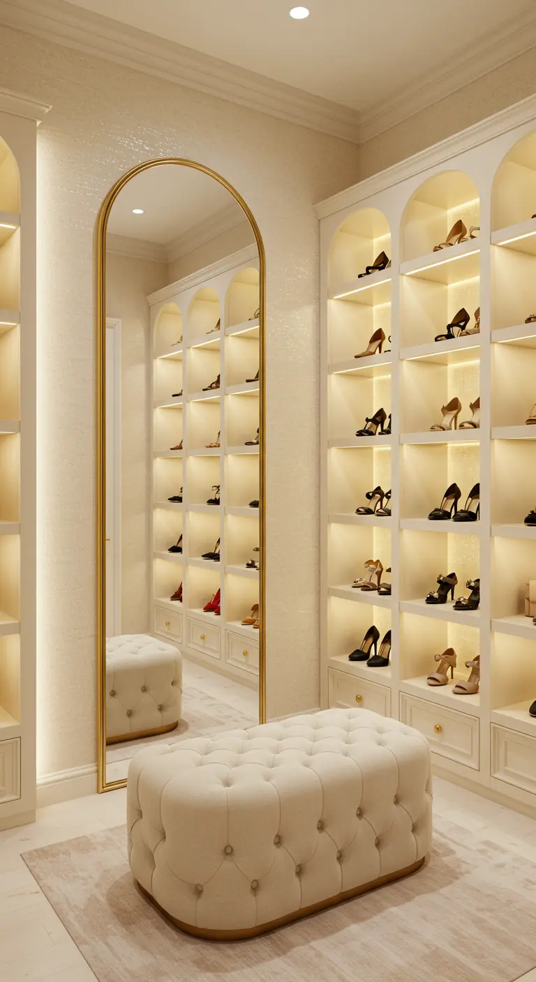 Dressing ivoire avec des niches en arche pour les chaussures et un grand miroir doré.