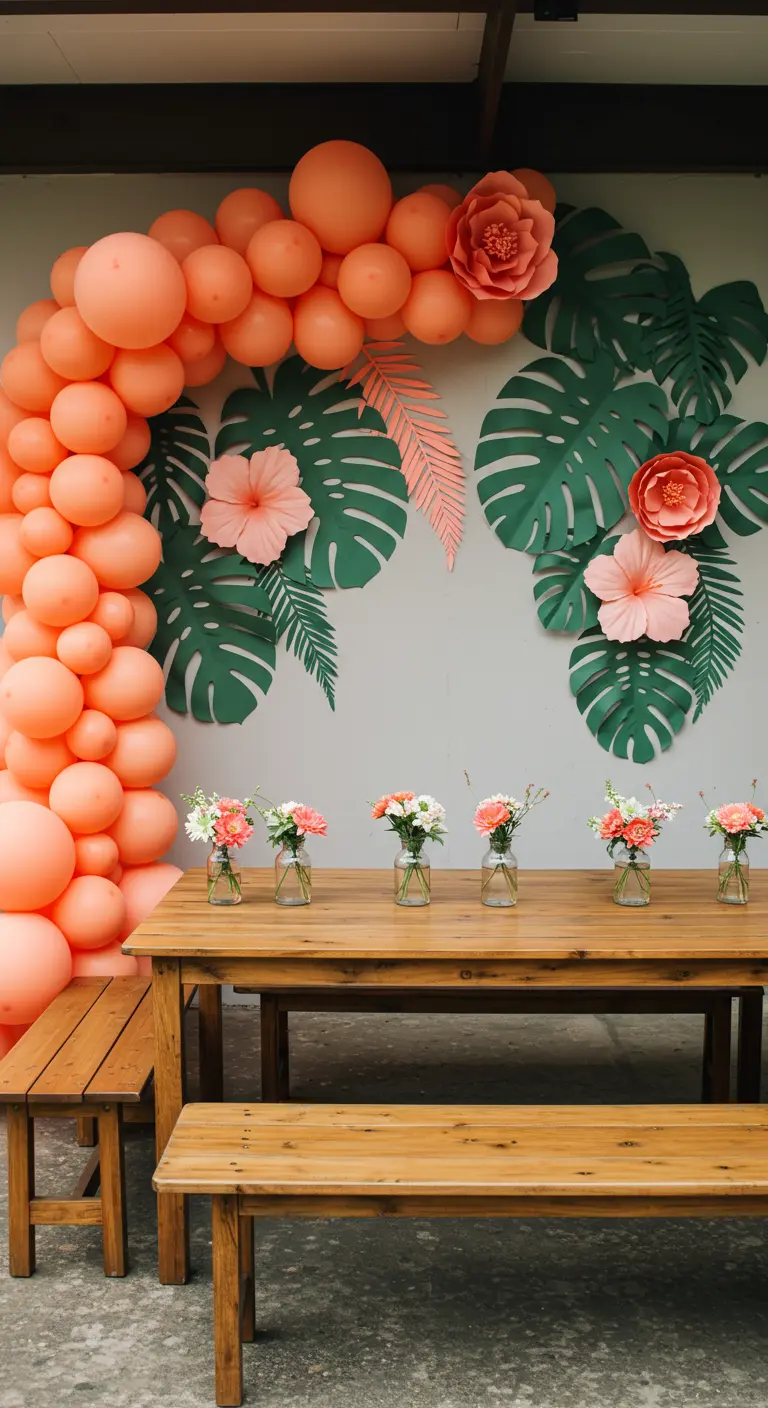 Mur blanc décoré de feuilles de Monstera en papier et d'une arche de ballons corail.