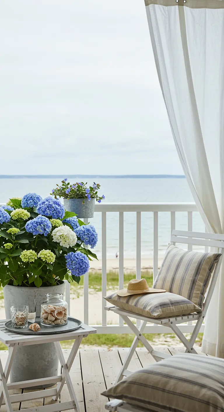 Bistro set blanc sur un balcon face à la mer, avec hortensias bleus, rideau blanc et décorations marines.