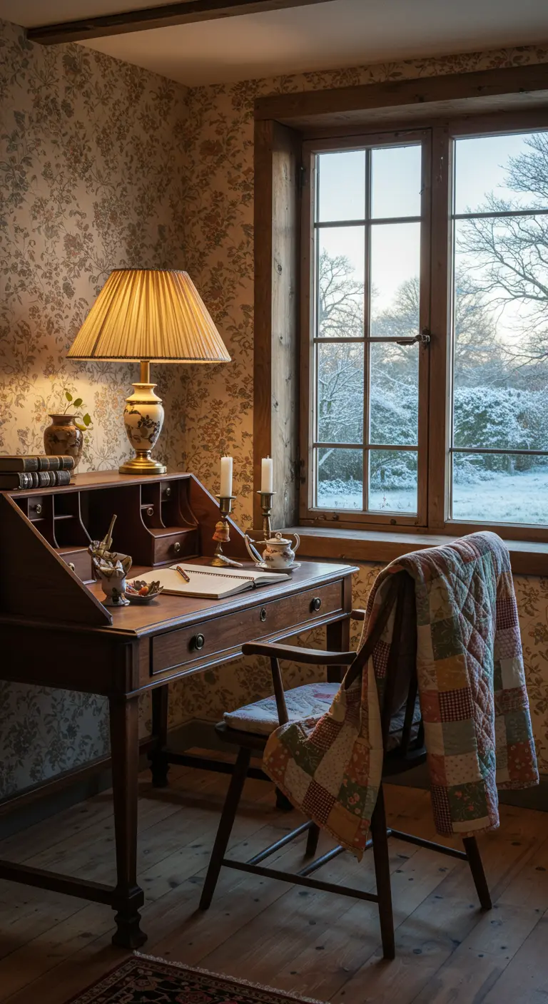 Bureau ancien en bois devant une fenêtre avec vue sur la neige, plaid en patchwork sur la chaise.